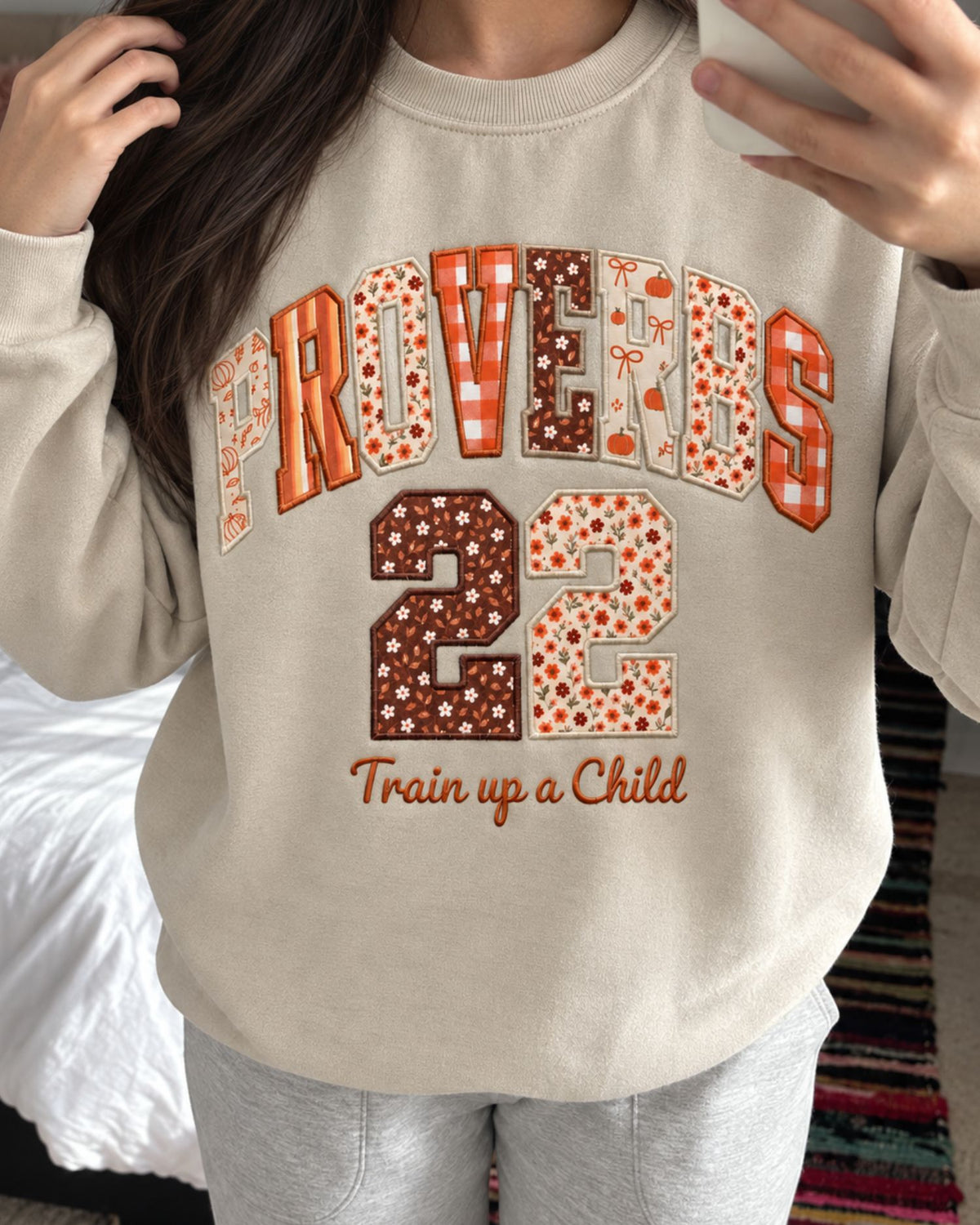 Proverbs 22 Train Up A Child Patchwork Embroidered Sweatshirt — mockup 6