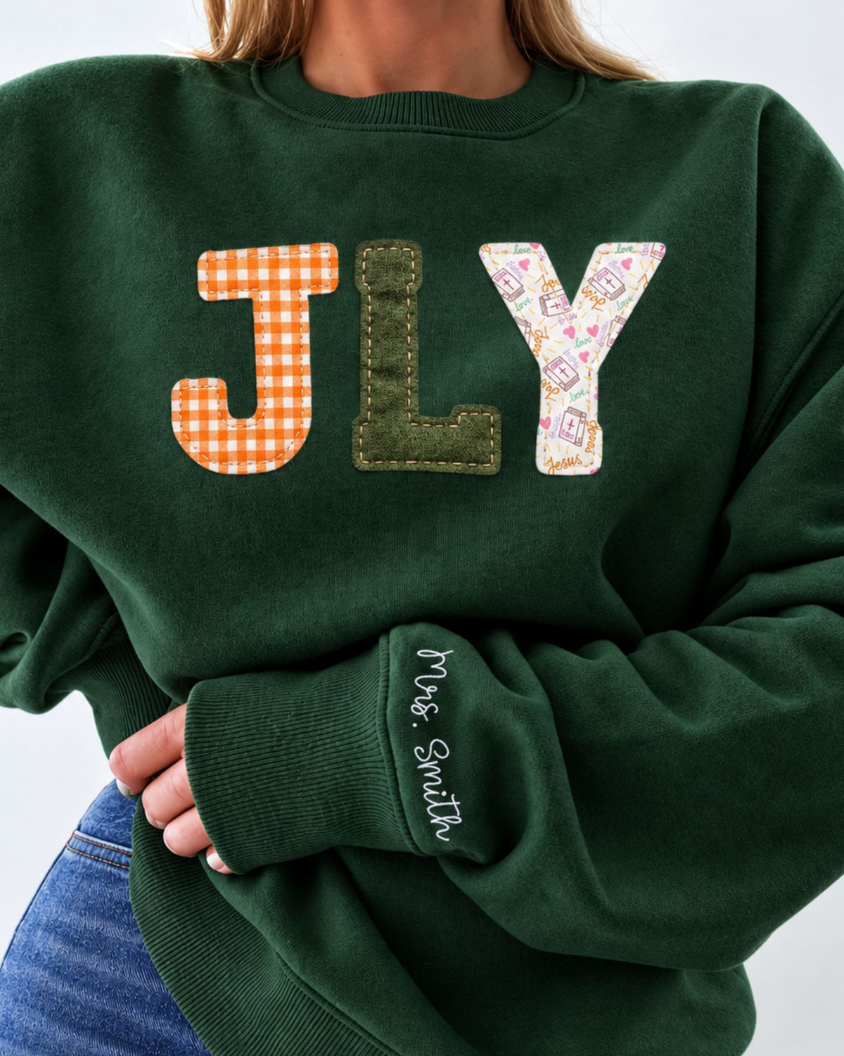 Personalized JLY Patchwork Embroidered Sweatshirt — mockup 1