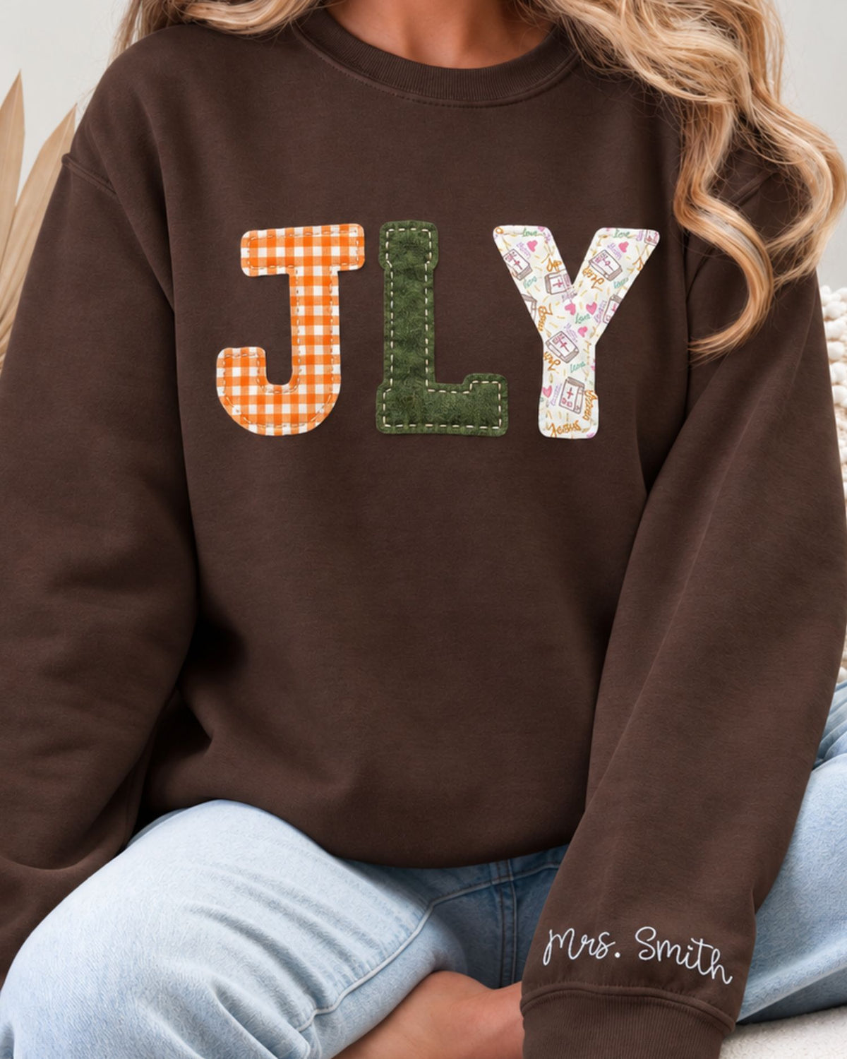 Personalized JLY Patchwork Embroidered Sweatshirt — mockup 3