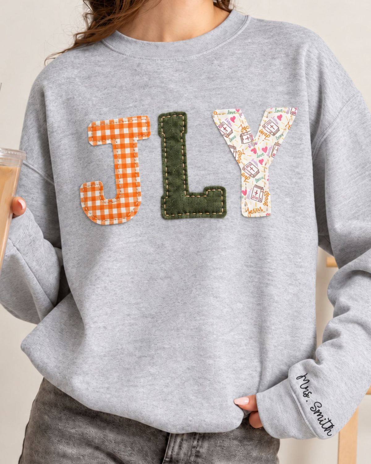 Personalized JLY Patchwork Embroidered Sweatshirt — mockup 5