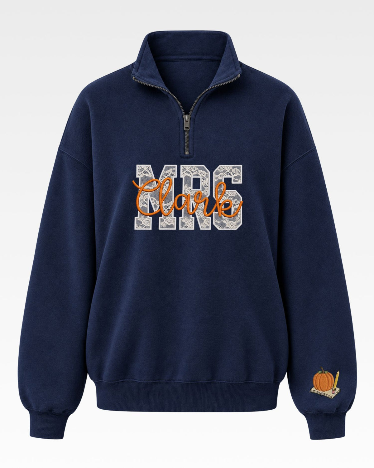 Personalized Teacher Name Lace Applique Quarter Zip Sweatshirt — mockup 2