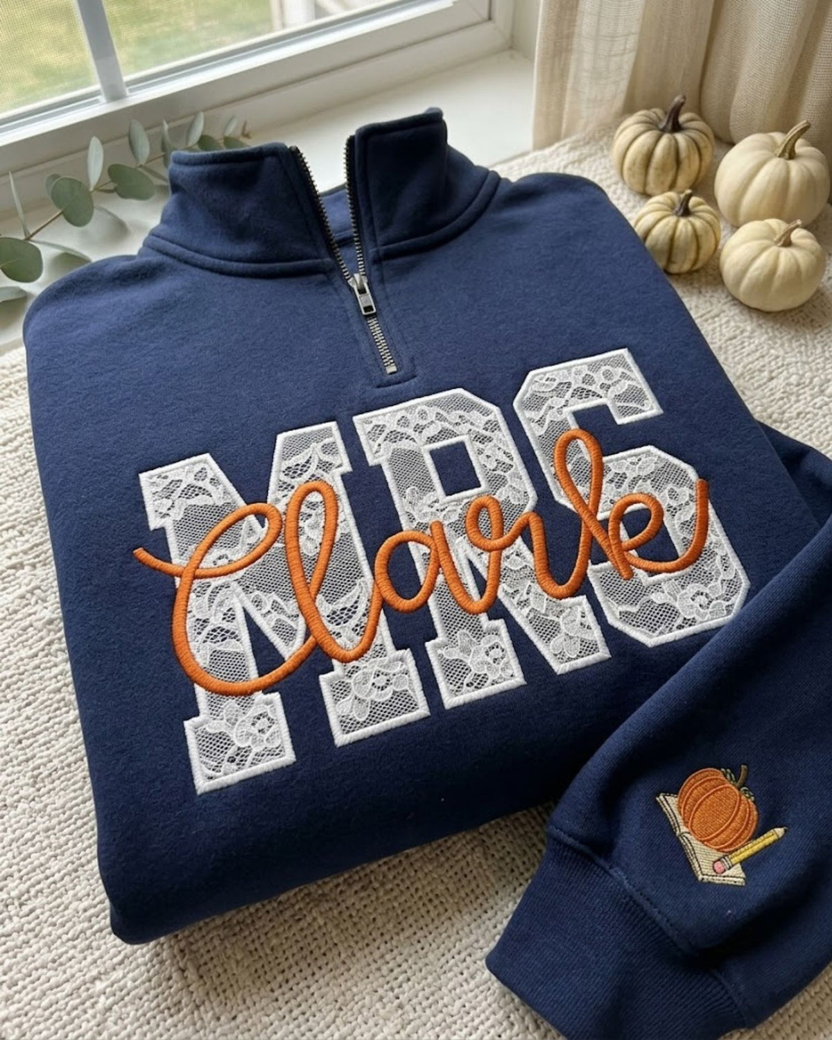 Personalized Teacher Name Lace Applique Quarter Zip Sweatshirt — mockup 4