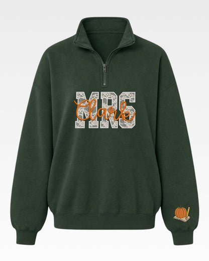 Personalized Teacher Name Lace Applique Quarter Zip Sweatshirt — mockup 6