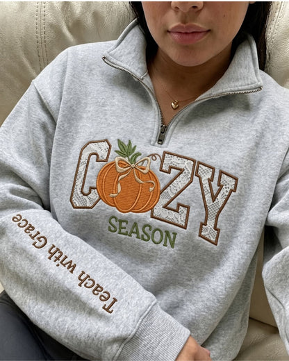 Cozy Season Teach With Grace Lace Applique Quarter Zip Sweatshirt — mockup 1