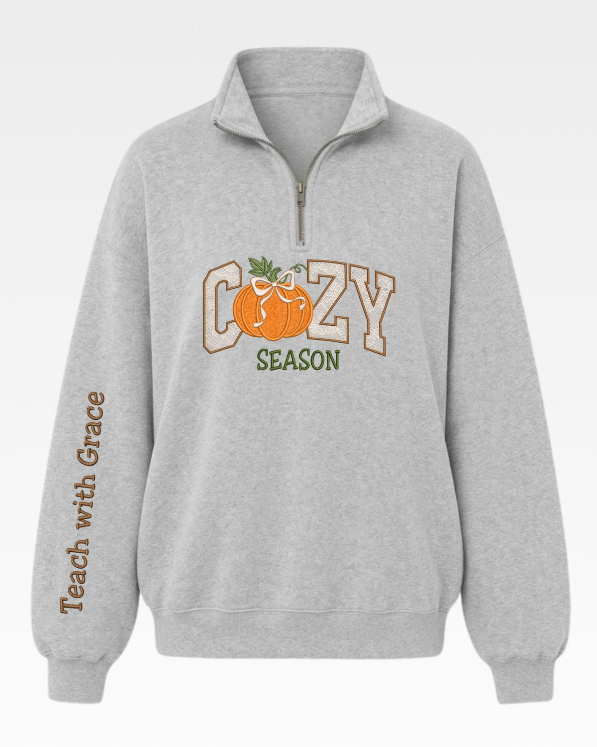 Cozy Season Teach With Grace Lace Applique Quarter Zip Sweatshirt — mockup 2