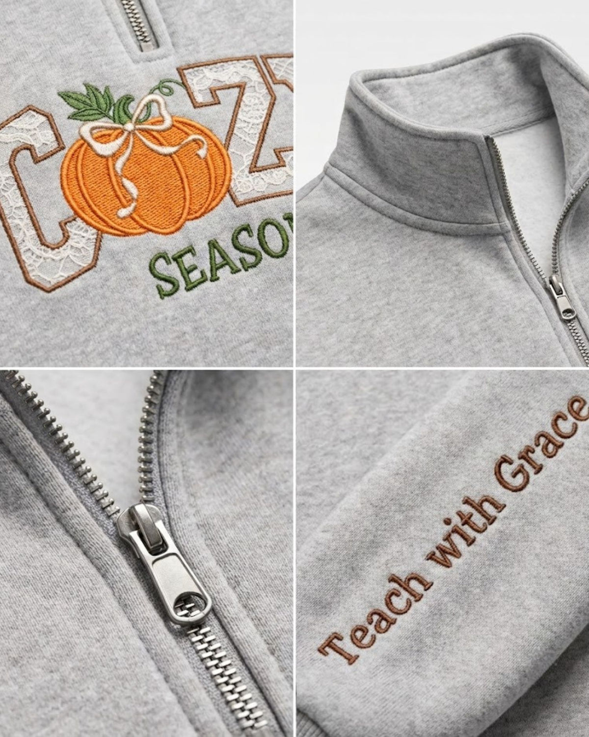 Cozy Season Teach With Grace Lace Applique Quarter Zip Sweatshirt — mockup 4