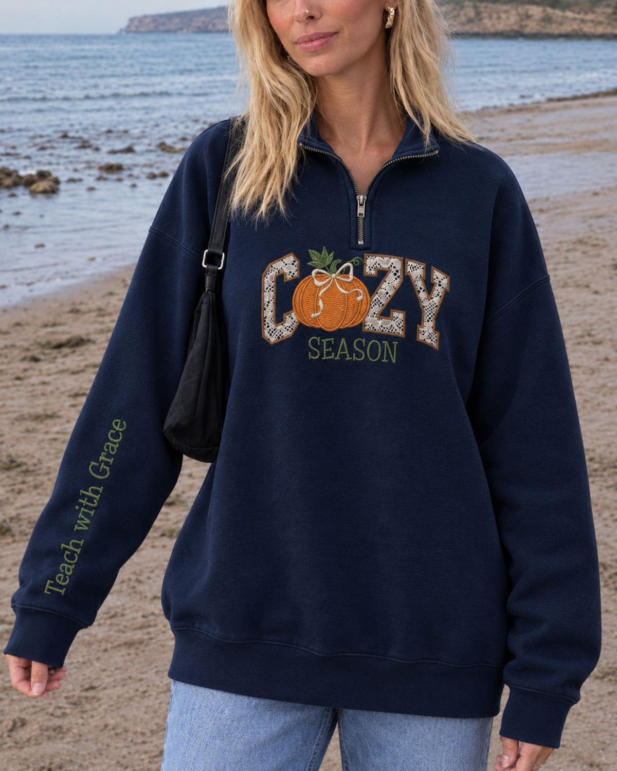 Cozy Season Teach With Grace Lace Applique Quarter Zip Sweatshirt — mockup 5