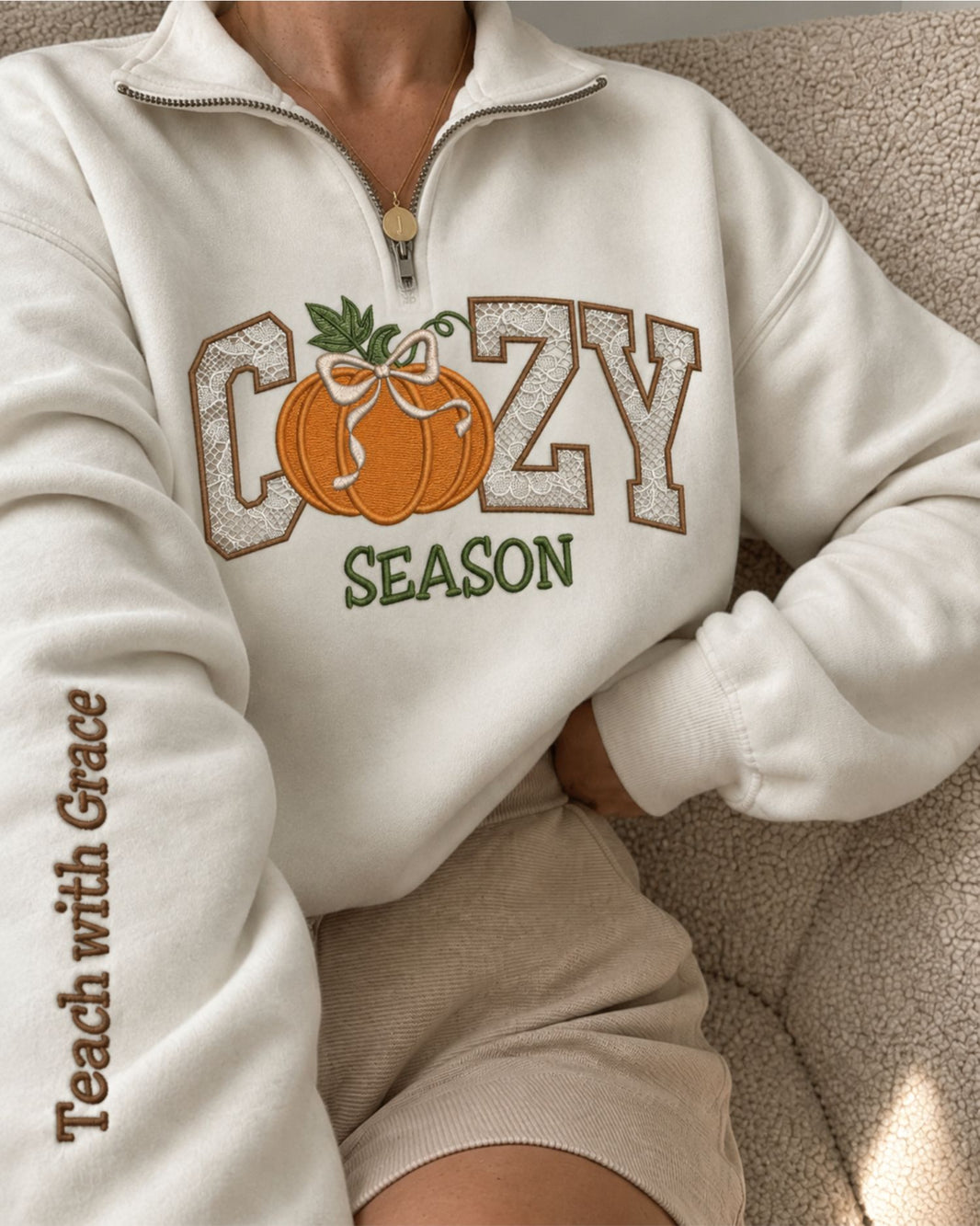 Cozy Season Teach With Grace Lace Applique Quarter Zip Sweatshirt — mockup 6