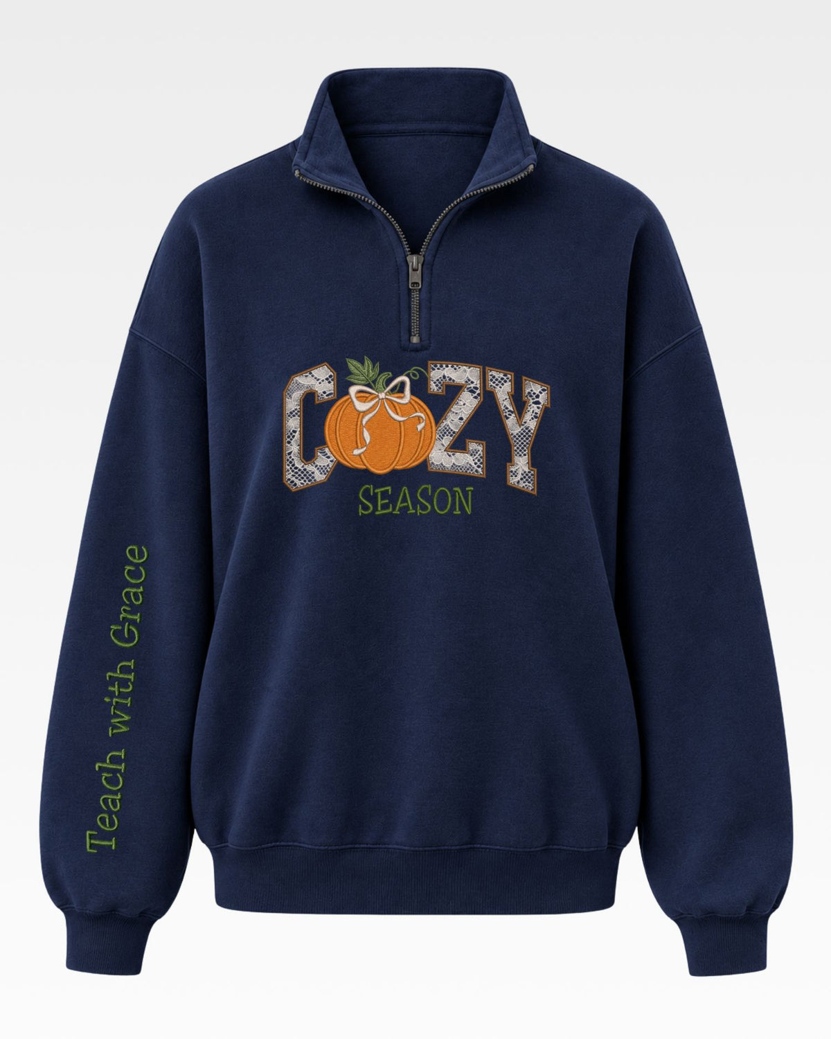 Cozy Season Teach With Grace Lace Applique Quarter Zip Sweatshirt — mockup 7