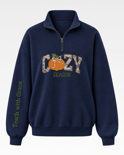 Cozy Season Teach With Grace Lace Applique Quarter Zip Sweatshirt — mockup 7