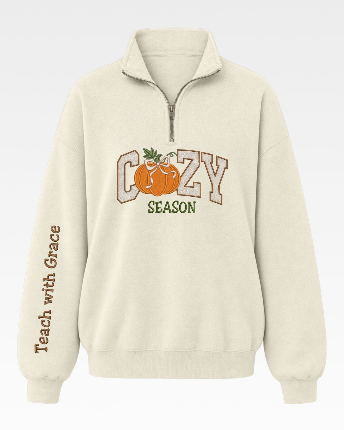 Cozy Season Teach With Grace Lace Applique Quarter Zip Sweatshirt — mockup 8