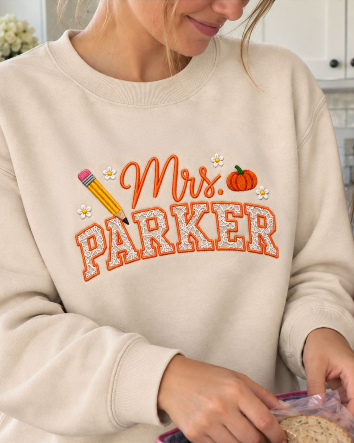 Personalized Teacher Name Lace Applique Embroidered Sweatshirt — mockup 1