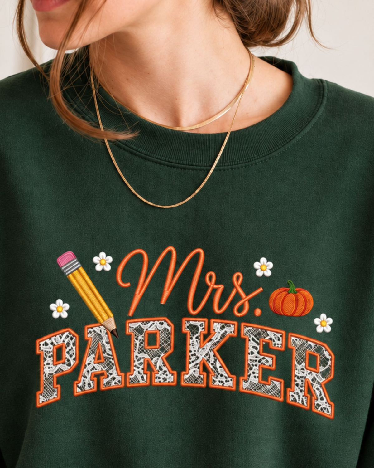 Personalized Teacher Name Lace Applique Embroidered Sweatshirt — mockup 3