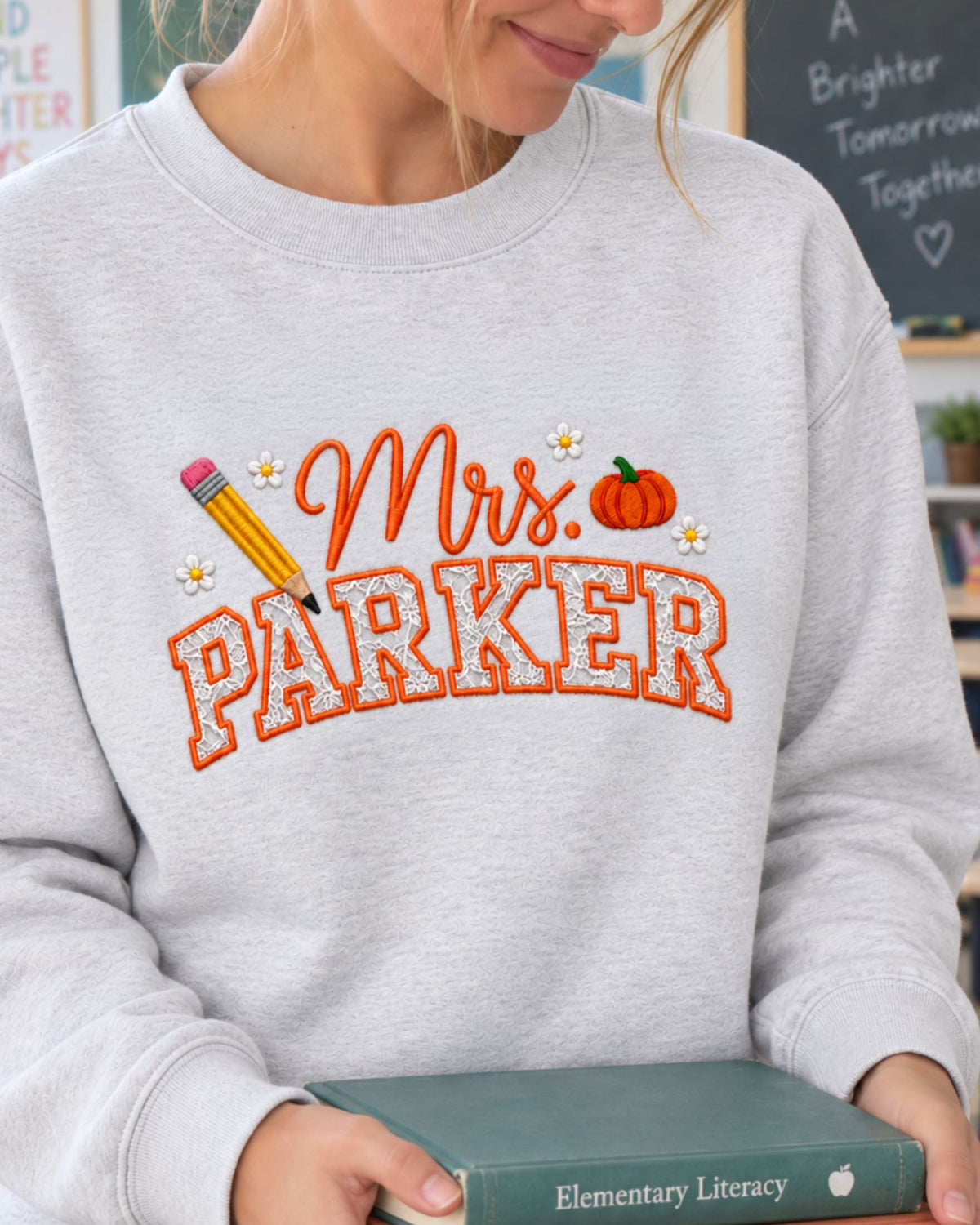 Personalized Teacher Name Lace Applique Embroidered Sweatshirt — mockup 4