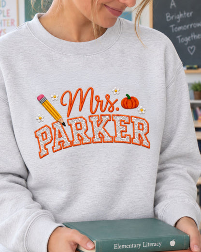 Personalized Teacher Name Lace Applique Embroidered Sweatshirt — mockup 4