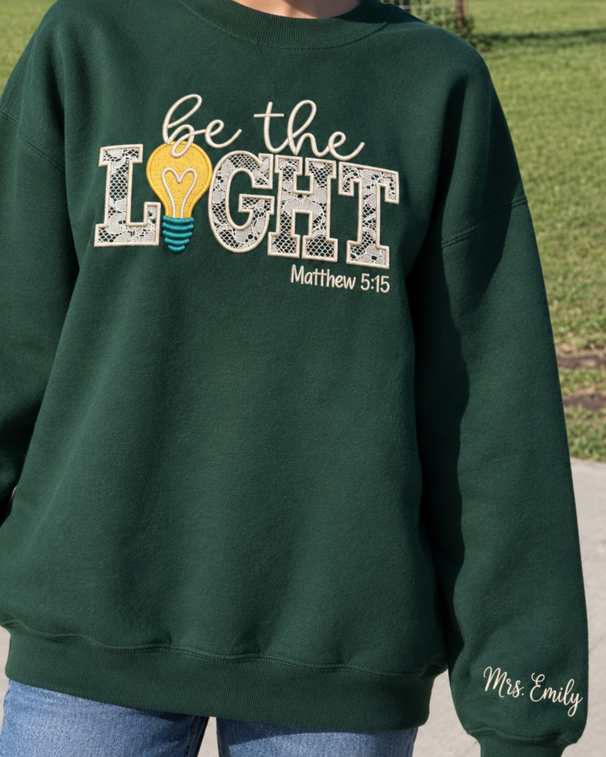 Personalized Be The Light Lace Embroidered Sweatshirt — mockup 1