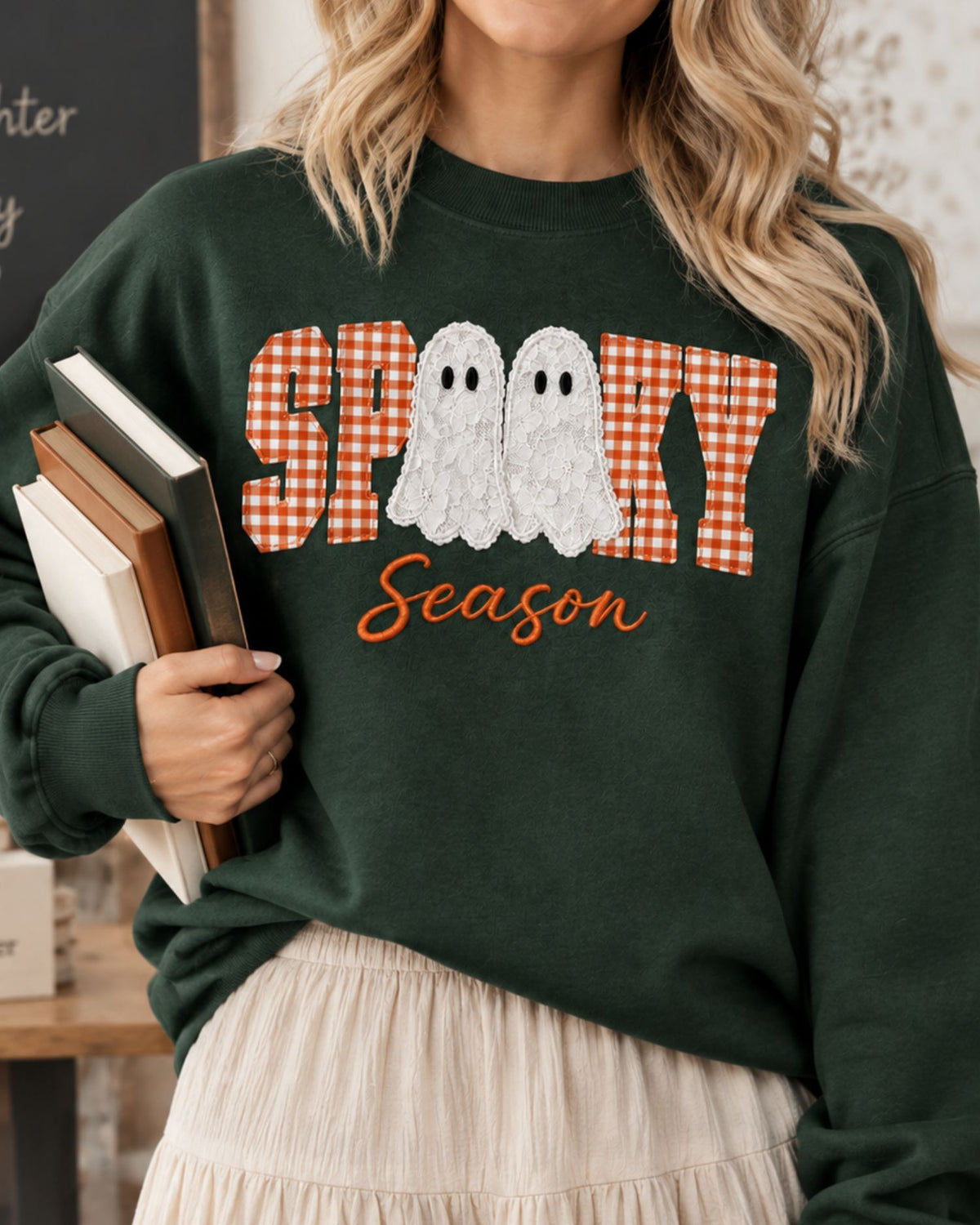 Spooky Season Lace Patchwork Applique Sweatshirt — mockup 3