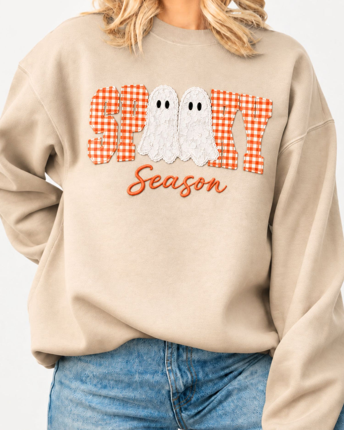 Spooky Season Lace Patchwork Applique Sweatshirt — mockup 5