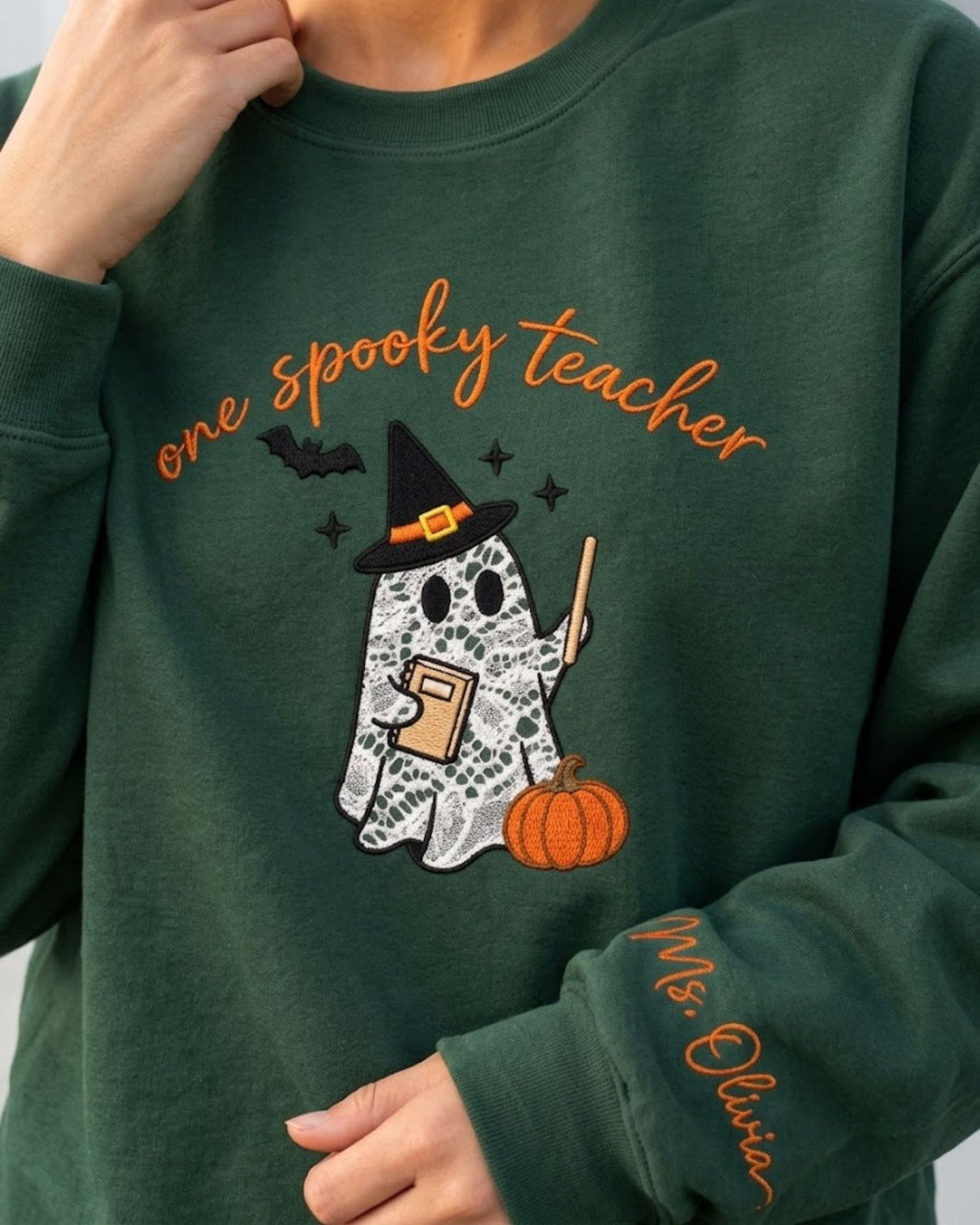 Personalized One Spooky Teacher Lace Applique Embroidered Sweatshirt — mockup 1