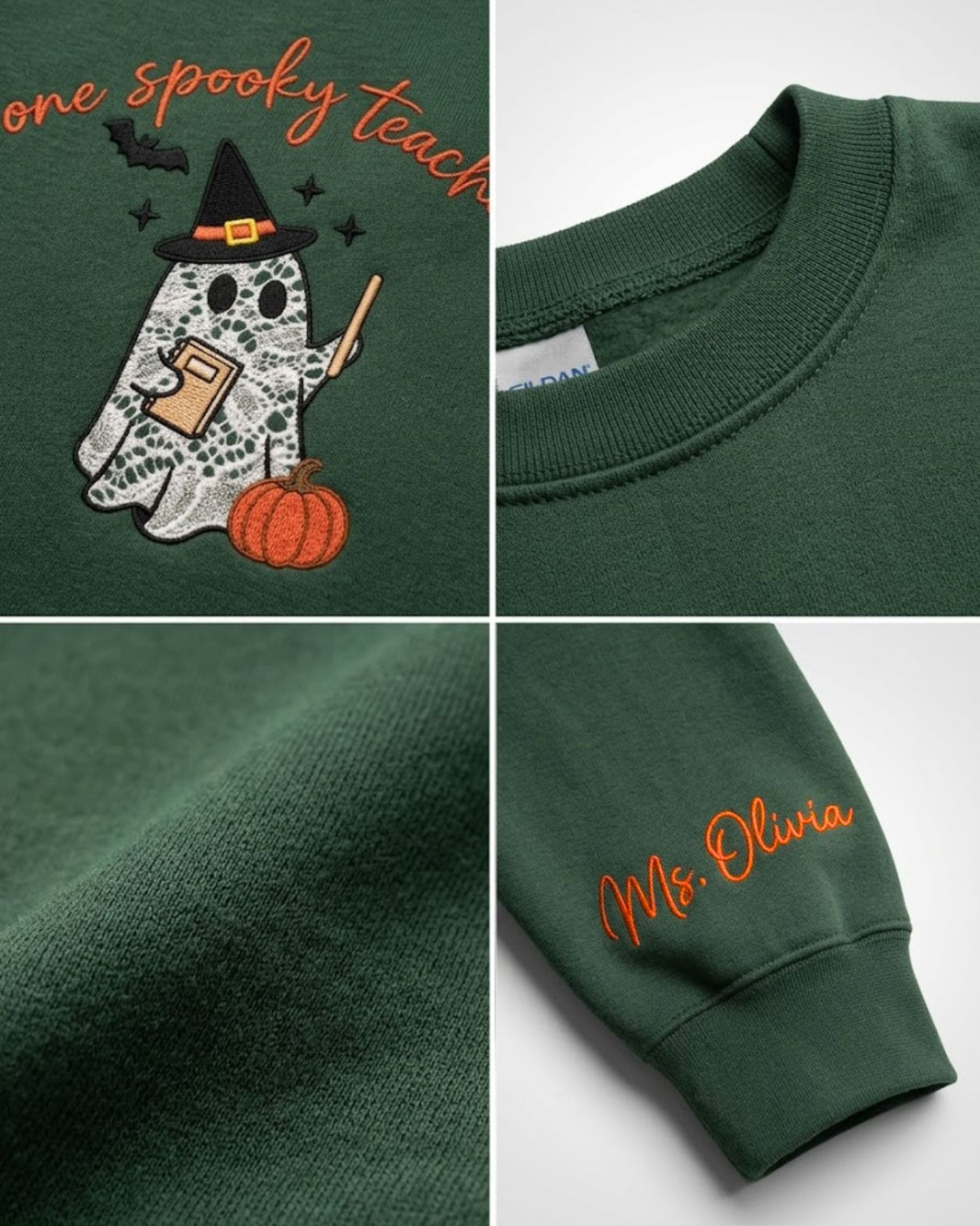 Personalized One Spooky Teacher Lace Applique Embroidered Sweatshirt — mockup 2