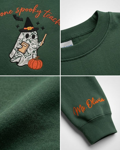 Personalized One Spooky Teacher Lace Applique Embroidered Sweatshirt — mockup 2