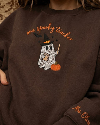Personalized One Spooky Teacher Lace Applique Embroidered Sweatshirt — mockup 3