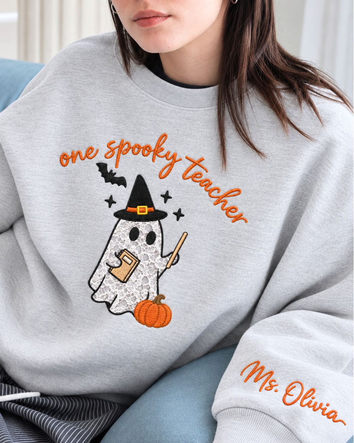 Personalized One Spooky Teacher Lace Applique Embroidered Sweatshirt — mockup 4