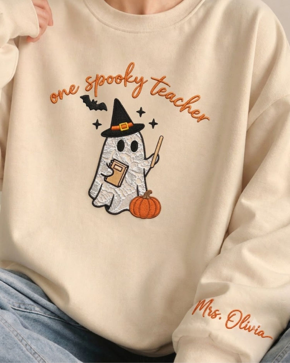 Personalized One Spooky Teacher Lace Applique Embroidered Sweatshirt — mockup 5