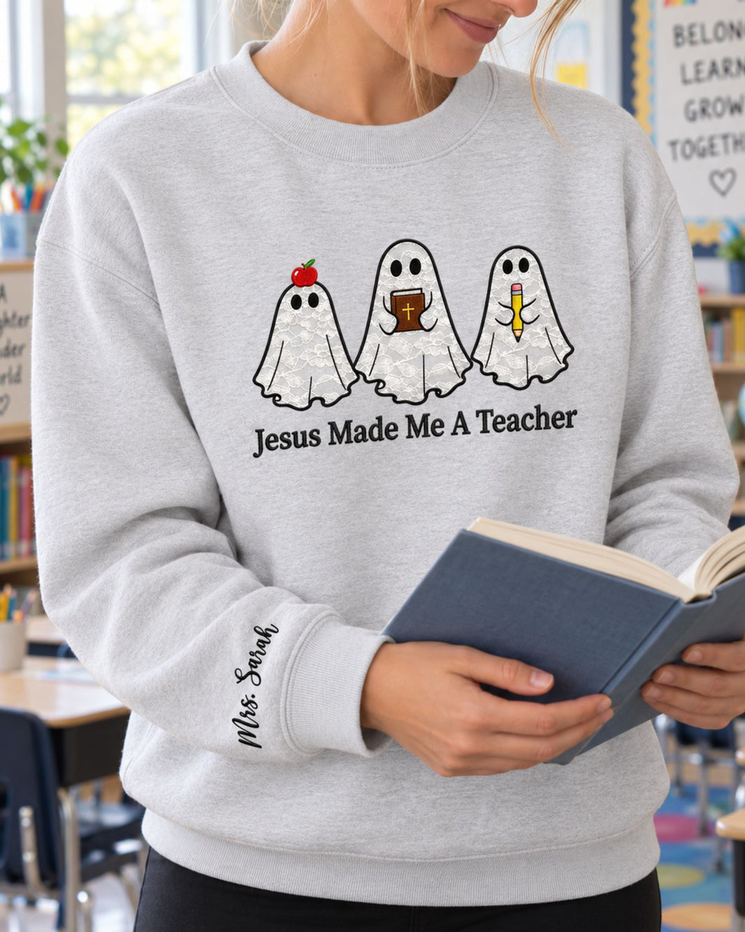 Personalized Jesus Made Me A Teacher Lace Applique Sweatshirt — mockup 1