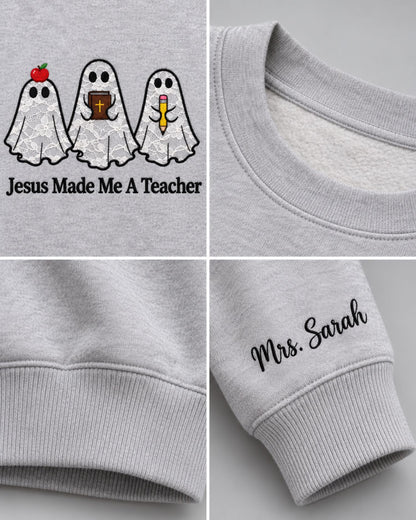 Personalized Jesus Made Me A Teacher Lace Applique Sweatshirt — mockup 2