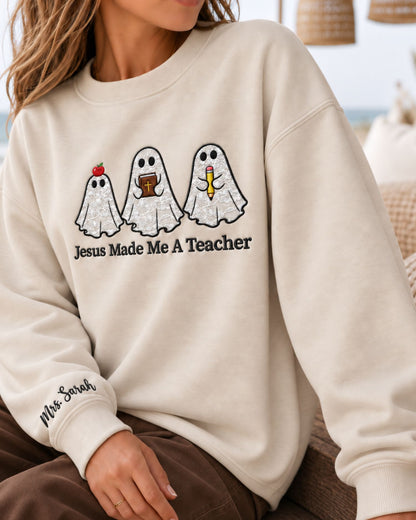 Personalized Jesus Made Me A Teacher Lace Applique Sweatshirt — mockup 3