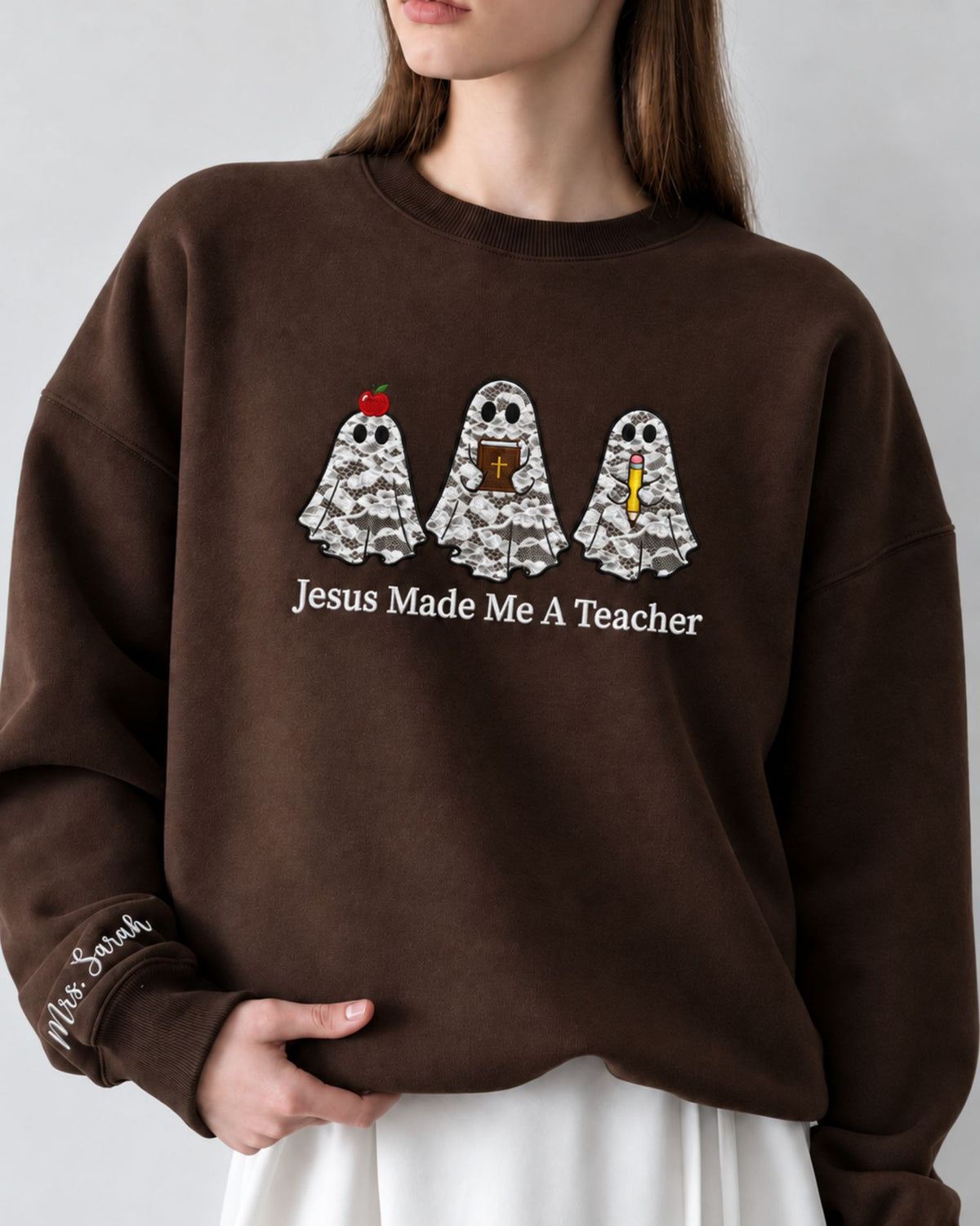 Personalized Jesus Made Me A Teacher Lace Applique Sweatshirt — mockup 4