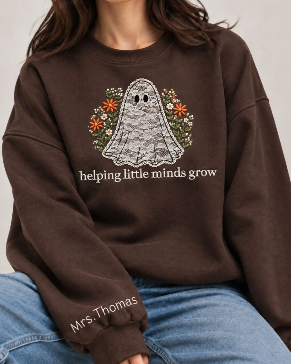 Personalized Helping Little Minds Grow Lace Applique Sweatshirt — mockup 1