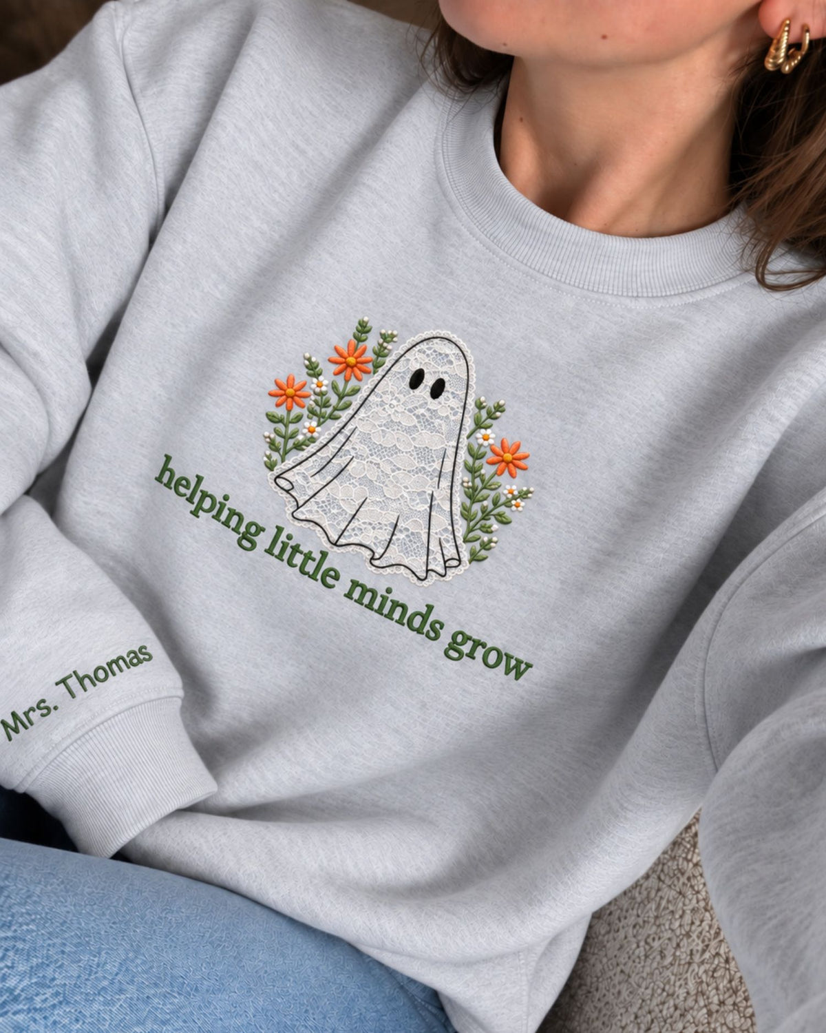 Personalized Helping Little Minds Grow Lace Applique Sweatshirt — mockup 3