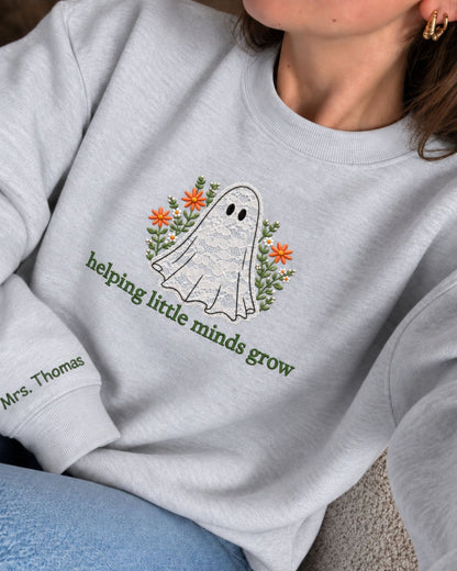 Personalized Helping Little Minds Grow Lace Applique Sweatshirt — mockup 3