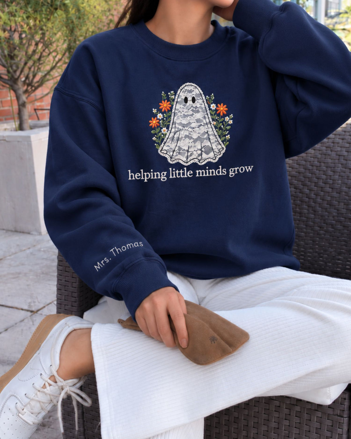 Personalized Helping Little Minds Grow Lace Applique Sweatshirt — mockup 4