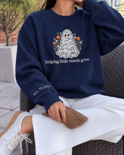 Personalized Helping Little Minds Grow Lace Applique Sweatshirt — mockup 4