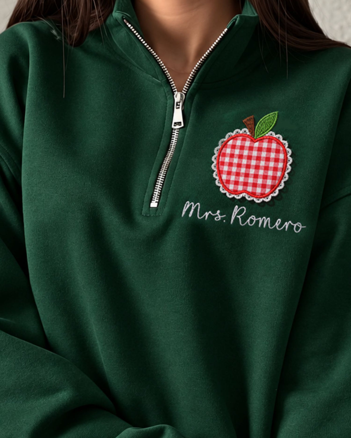 Personalized Apple Lace Patchwork Quarter Zip Sweatshirt — mockup 3