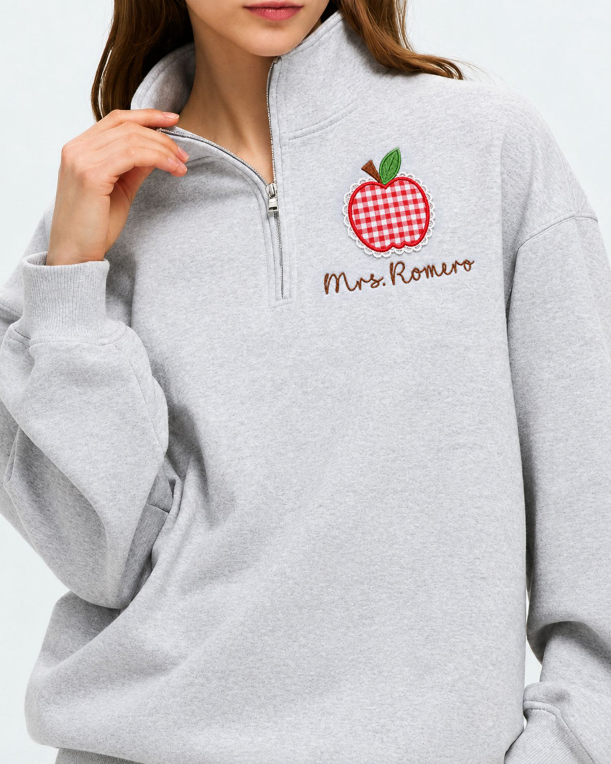 Personalized Apple Lace Patchwork Quarter Zip Sweatshirt — mockup 5