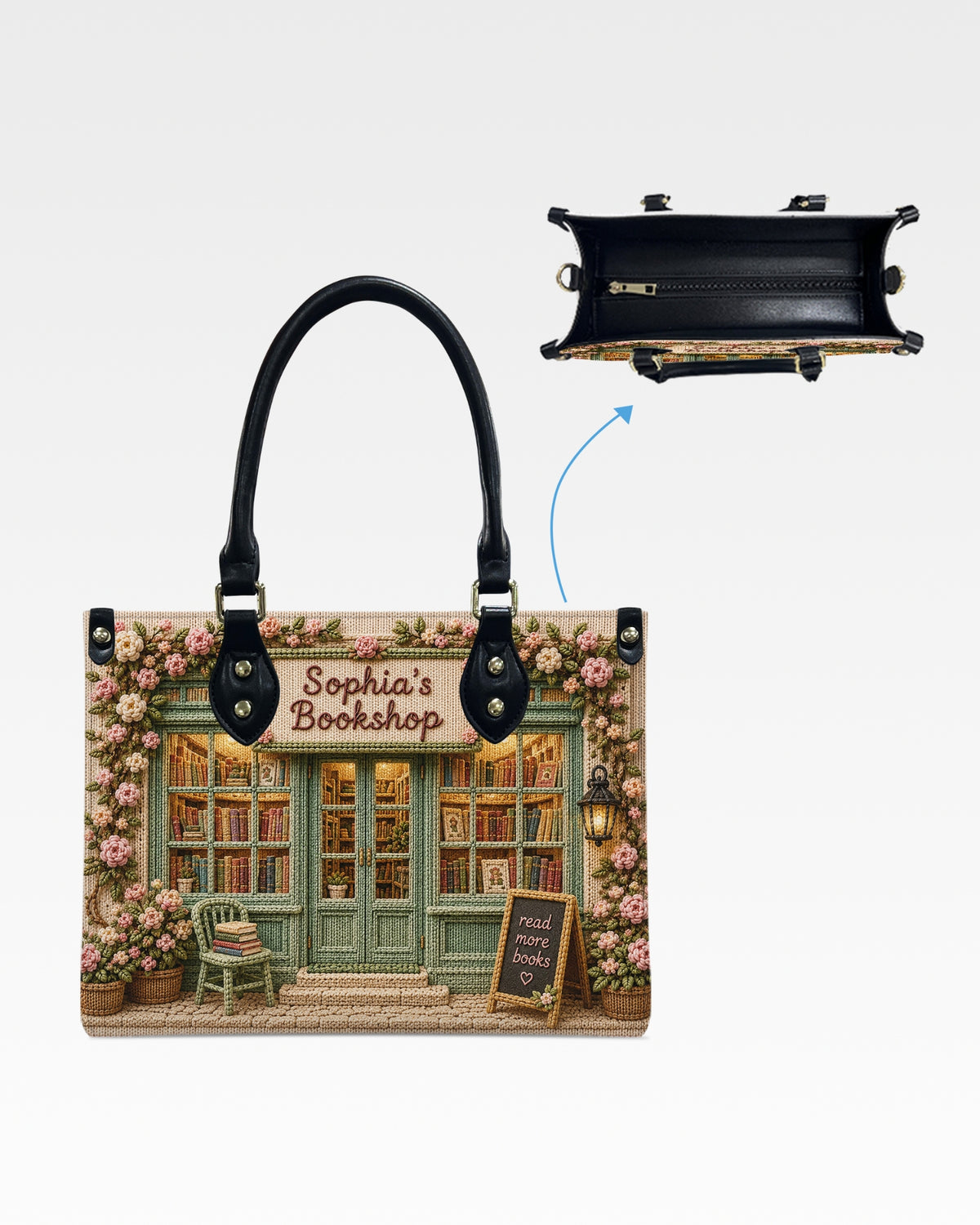Personalized Cottage Bookstore Leather Handbag — mockup 3