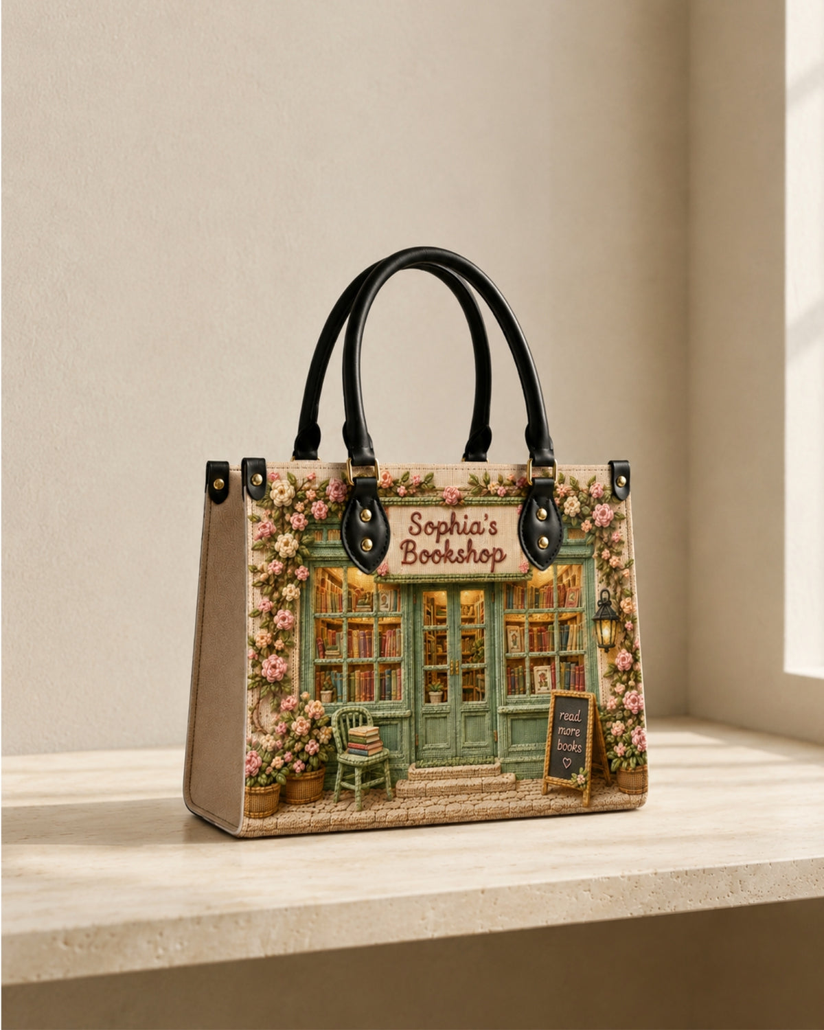 Personalized Cottage Bookstore Leather Handbag — mockup 8