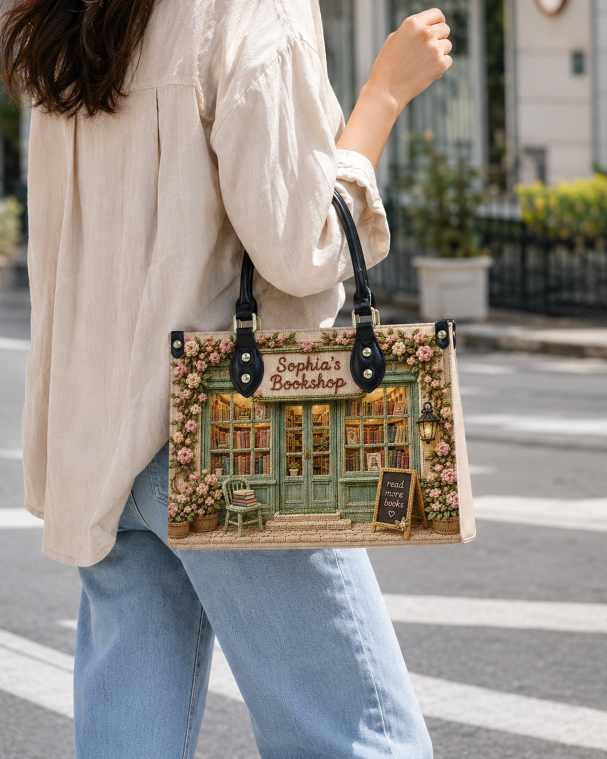Personalized Cottage Bookstore Leather Handbag — mockup 9