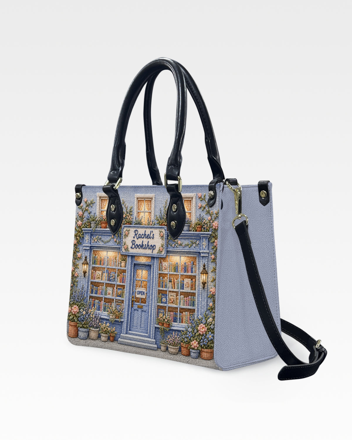 Personalized Vintage Bookstore Leather Handbag — mockup 2