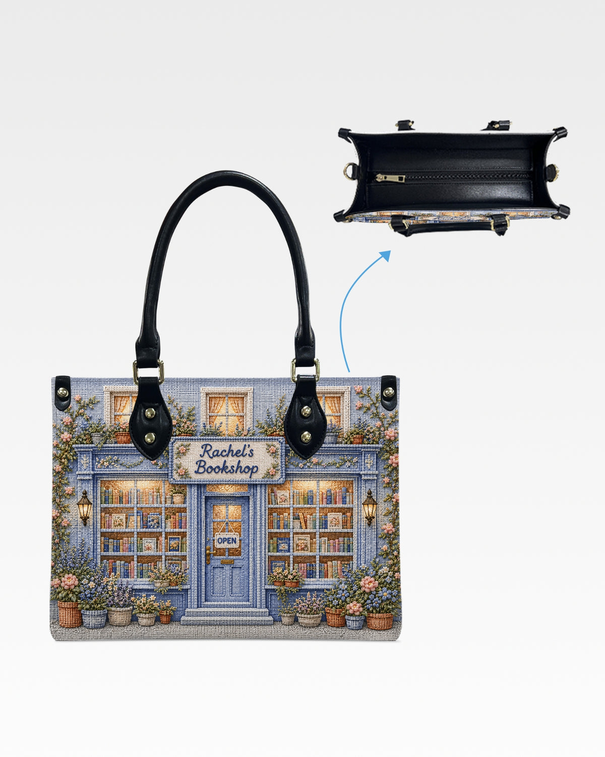 Personalized Vintage Bookstore Leather Handbag — mockup 3
