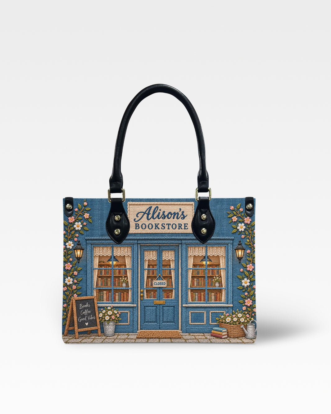 Personalized Vintage Floral Bookshop Leather Bag — mockup 1