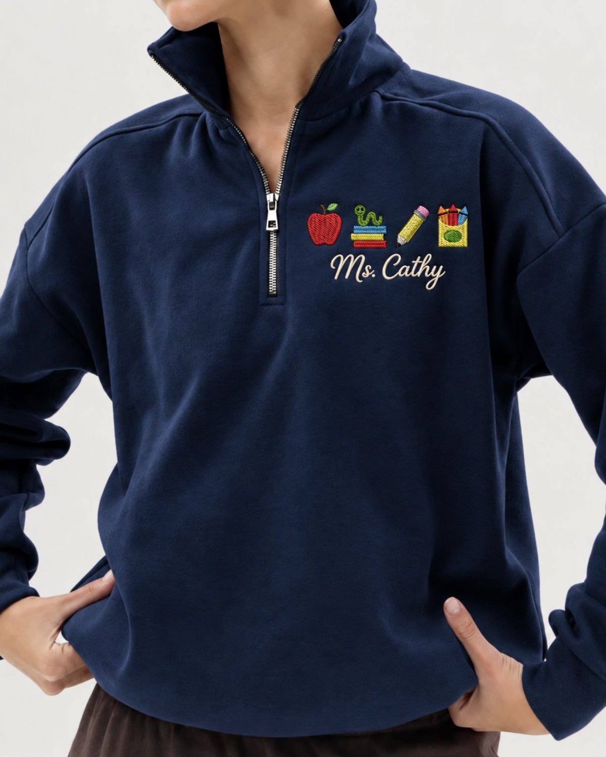 Personalized Teacher Embroidered Quarter Zip Sweatshirt — mockup 3