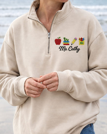 Personalized Teacher Embroidered Quarter Zip Sweatshirt — mockup 4