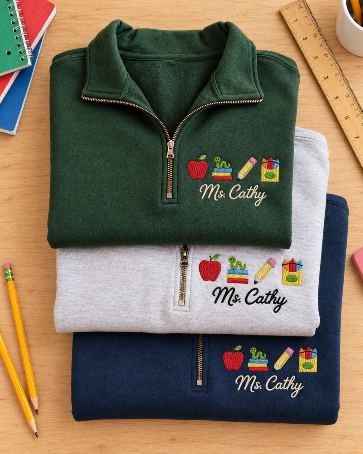 Personalized Teacher Embroidered Quarter Zip Sweatshirt — mockup 5