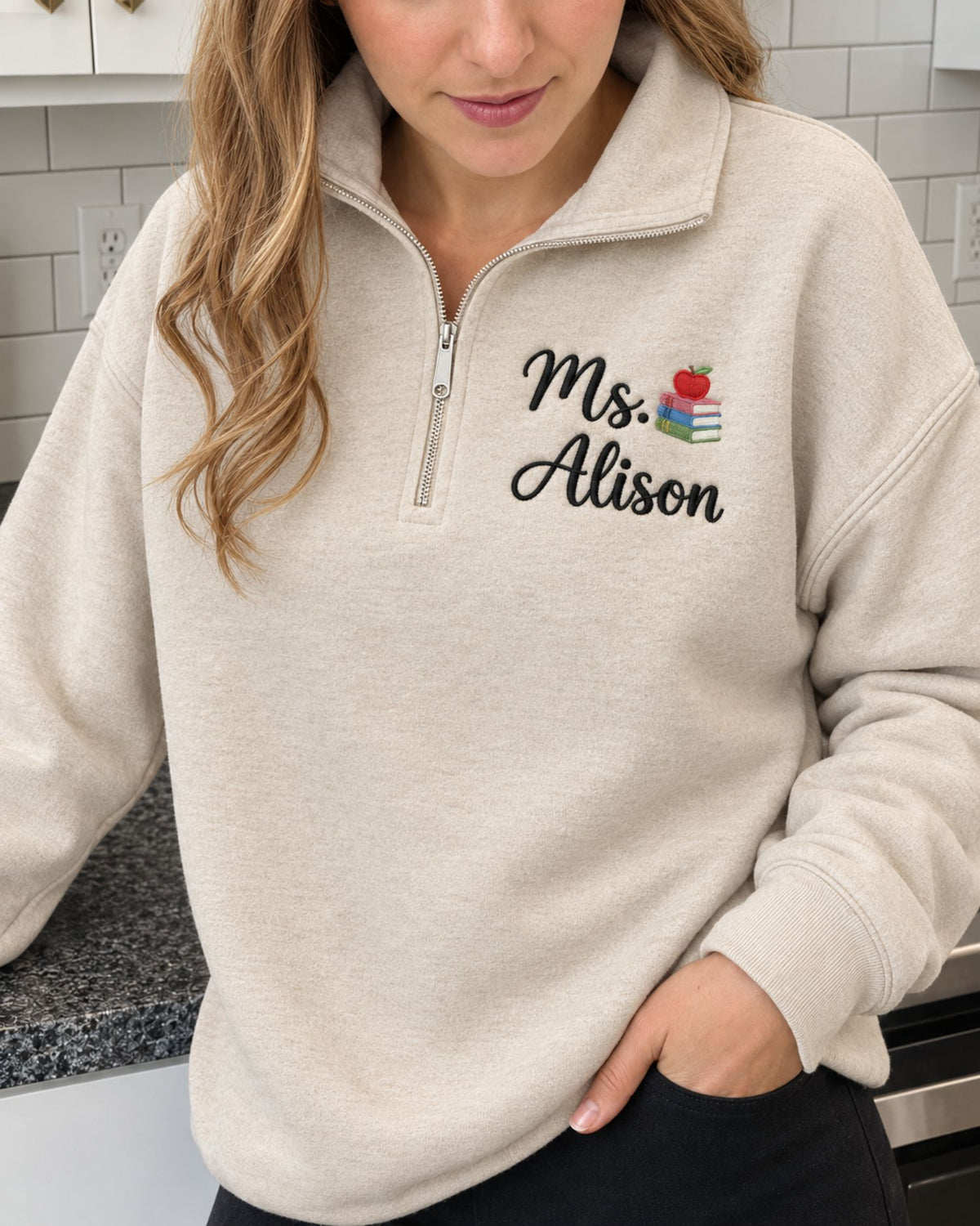 Personalized Teacher Apple Books Quarter Zip Sweatshirt — mockup 1