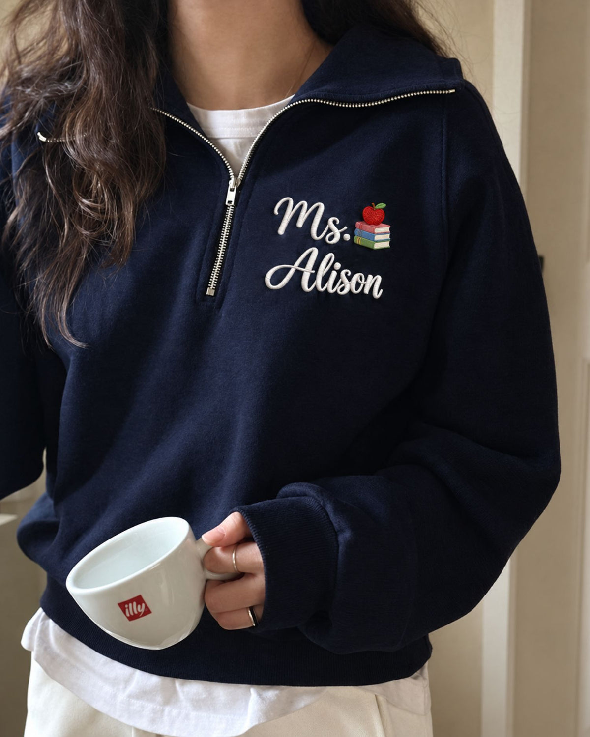 Personalized Teacher Apple Books Quarter Zip Sweatshirt — mockup 2